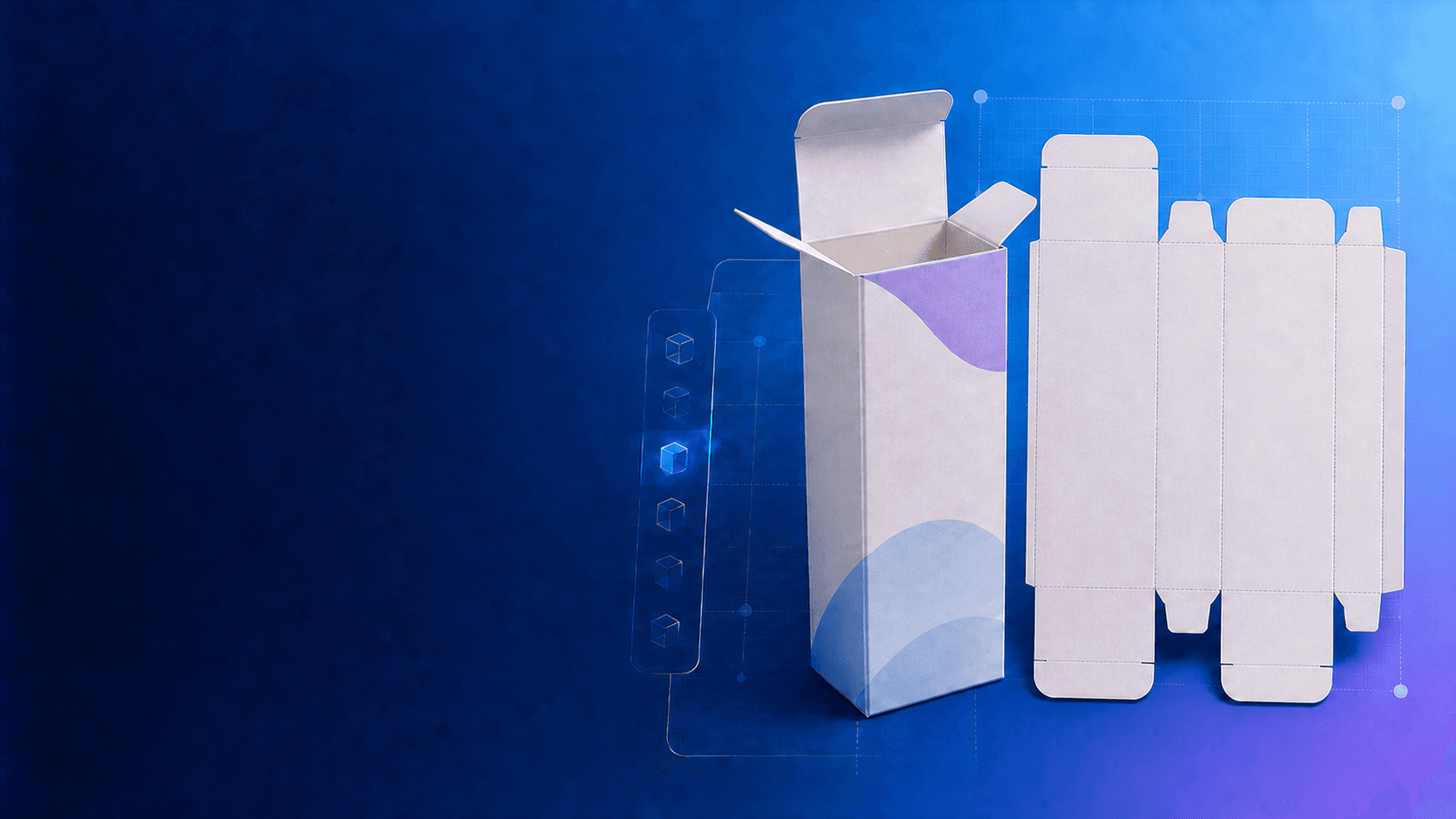 Anteprima del configuratore 3D HelloPack con astuccio aperto, alette esterne e fustella a quattro pannelli