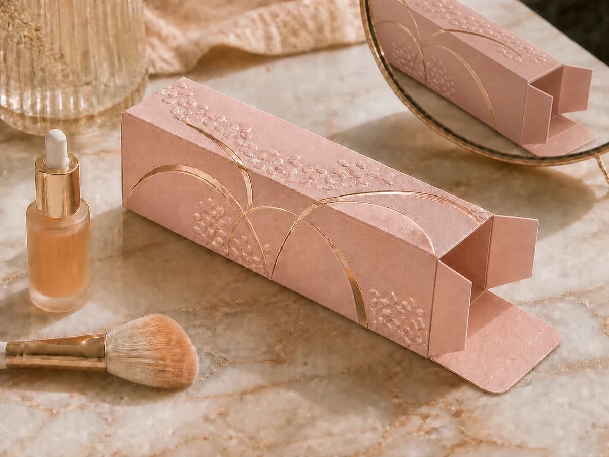 Astuccio cosmetico soft touch con lamina oro rosa, rilievo e vernice selettiva
